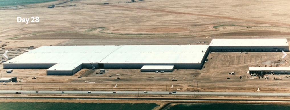 Aerial image labeled “Day 28” showing the nearly completed industrial facility, fully roofed and enclosed, with site work and surrounding grading largely finished across the expansive desert location.